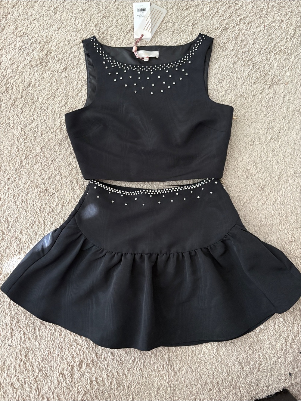 LoveShackFancy Black Rhinestone Two-Piece Crop Top & Skirt Set
